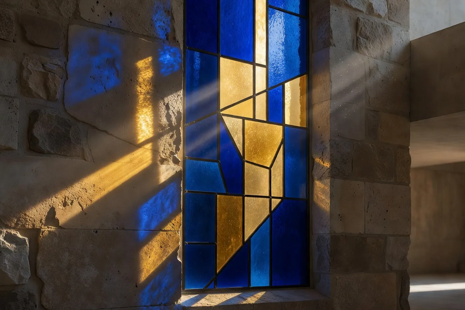 Vitrail contemporain abstrait aux tons bleus et ors dans une église alsacienne