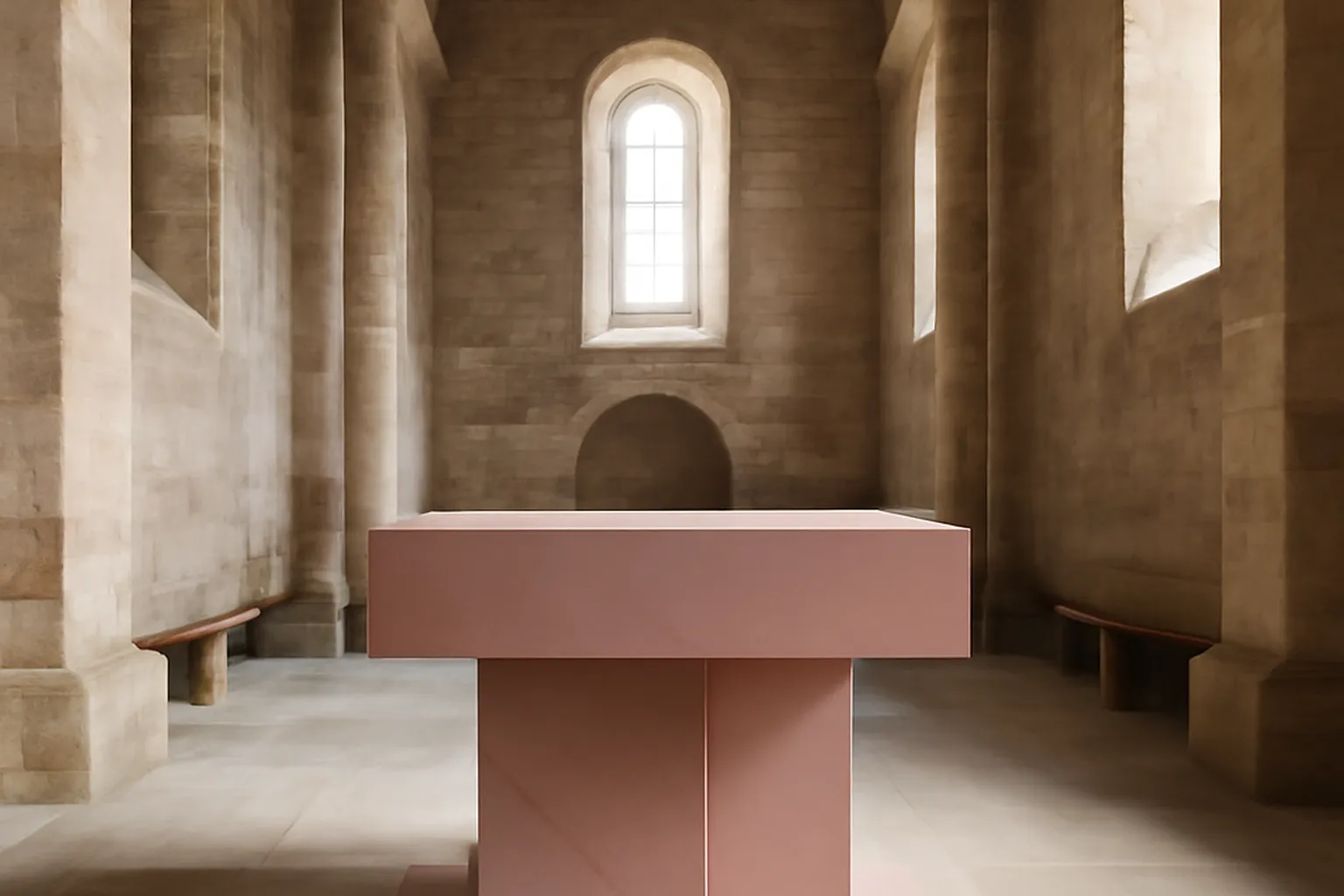 Autel contemporain en grès rose des Vosges dans une église romane alsacienne