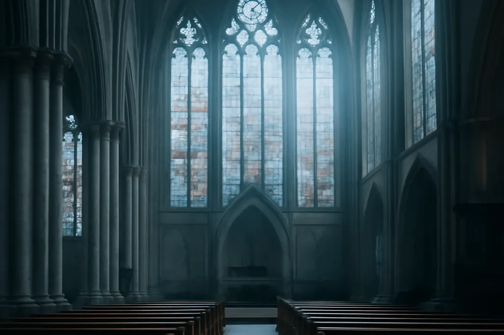 Intérieur d'une cathédrale gothique vide en fin d'automne, lumière froide traversant de hautes fenêtres