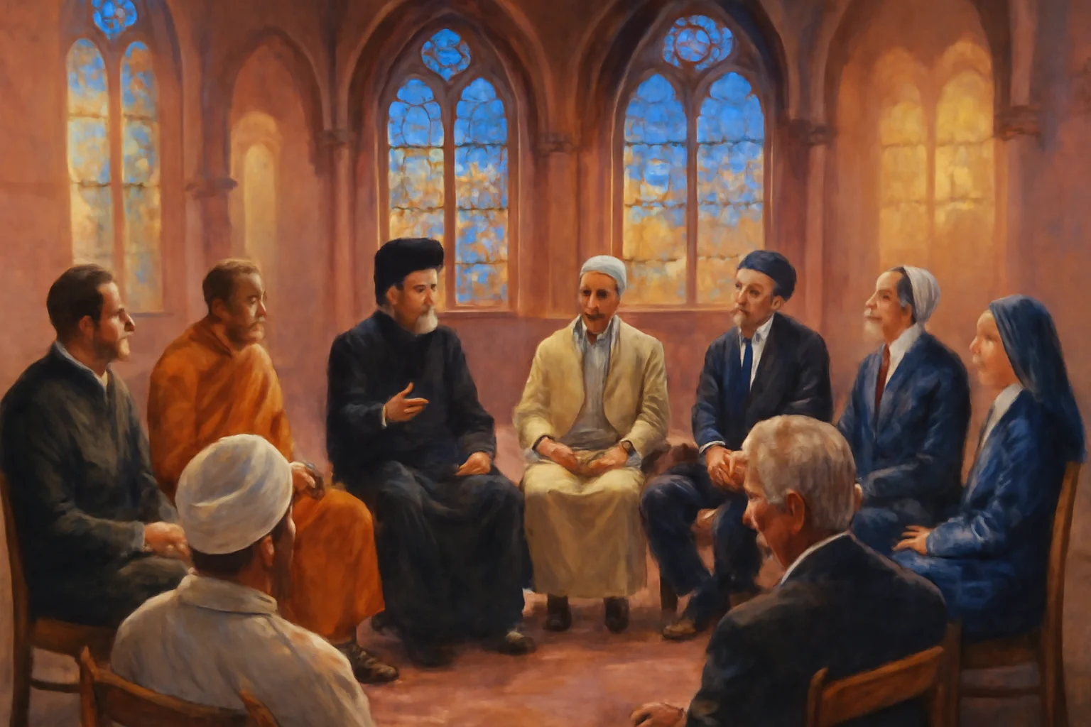 Rencontre œcuménique dans une salle lumineuse à Strasbourg avec des représentants religieux divers