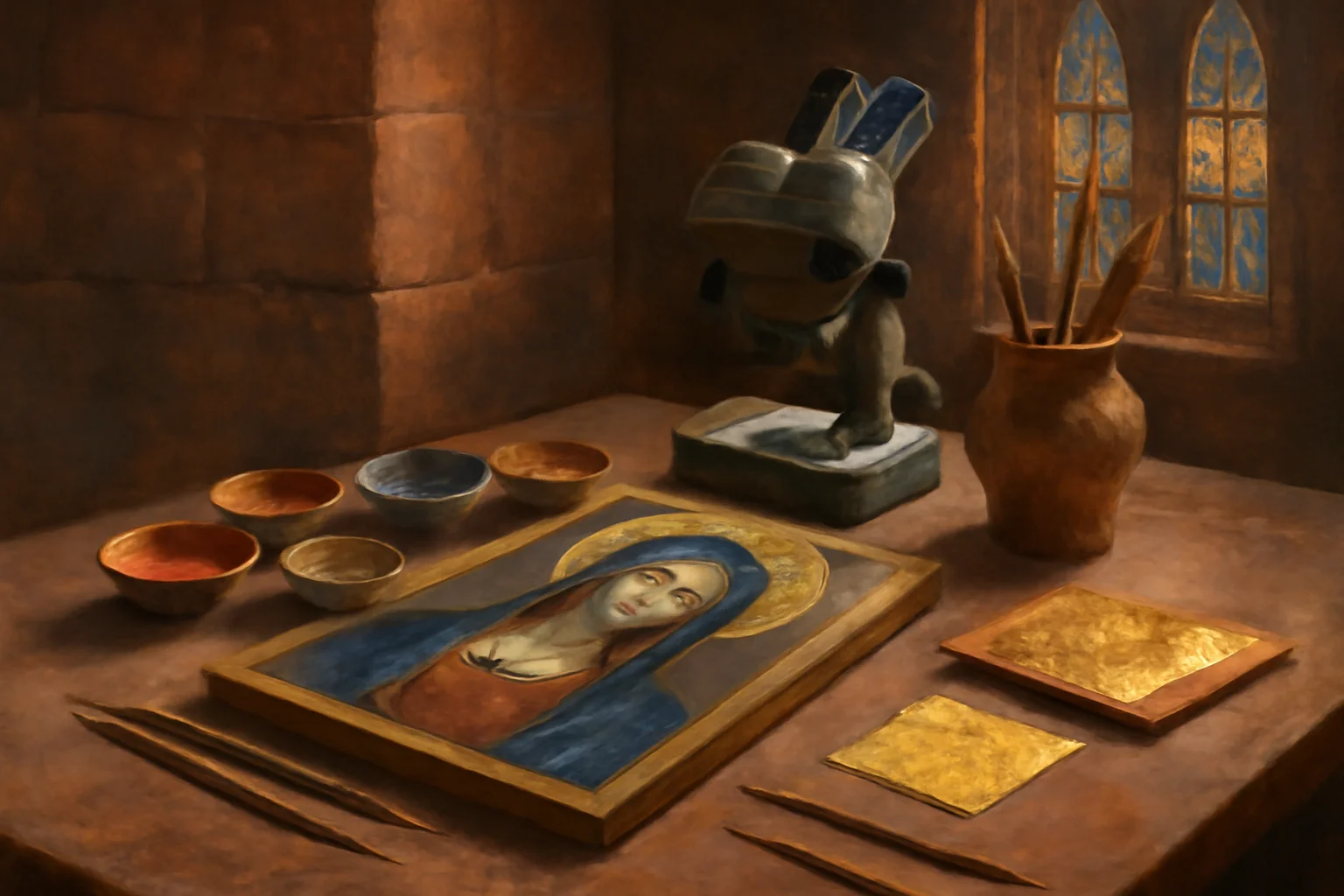 Table d'atelier de restauration avec pinceaux fins, pigments naturels et feuilles d'or