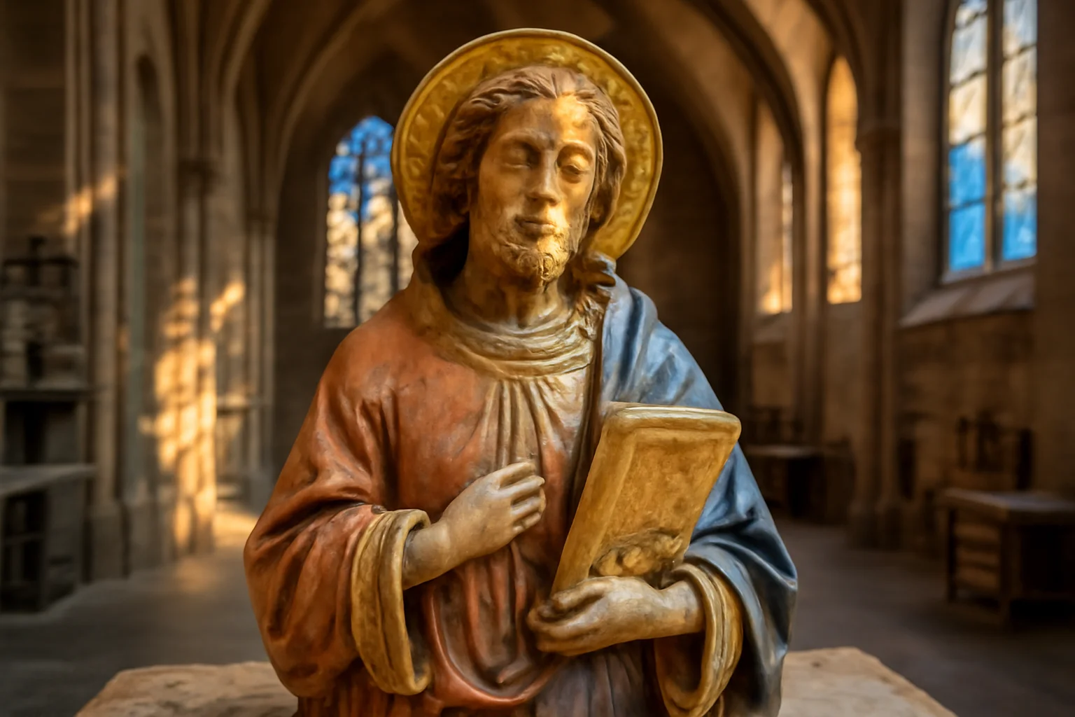 Statue de saint en bois polychrome partiellement restaurée montrant le contraste entre dorure ancienne et zone alterée