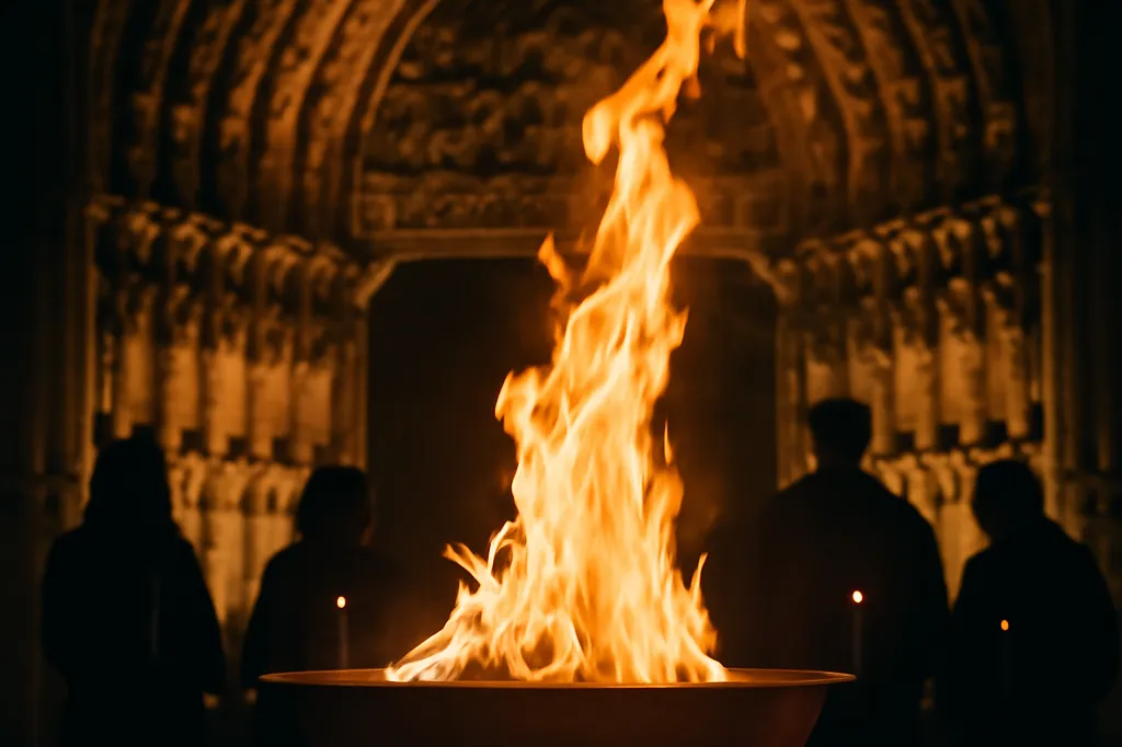 Feu nouveau brûlant dans un brasero devant le portail d'une cathédrale gothique de nuit, silhouettes de fidèles