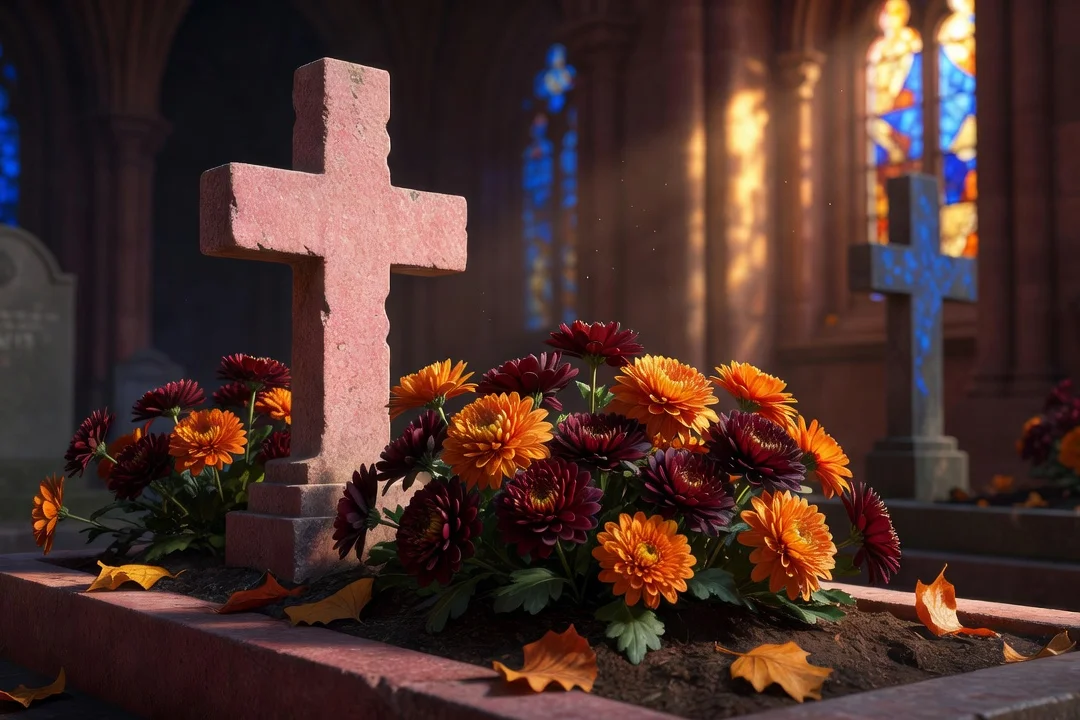 Tombe fleurie de chrysanthèmes dans un cimetière alsacien à la Toussaint
