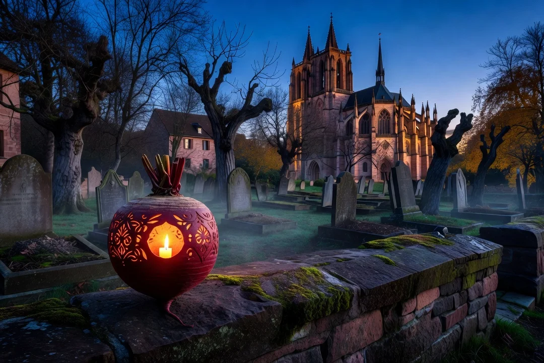 Lanterne de betterave sculptée traditionnelle posée à l'entrée d'un cimetière alsacien