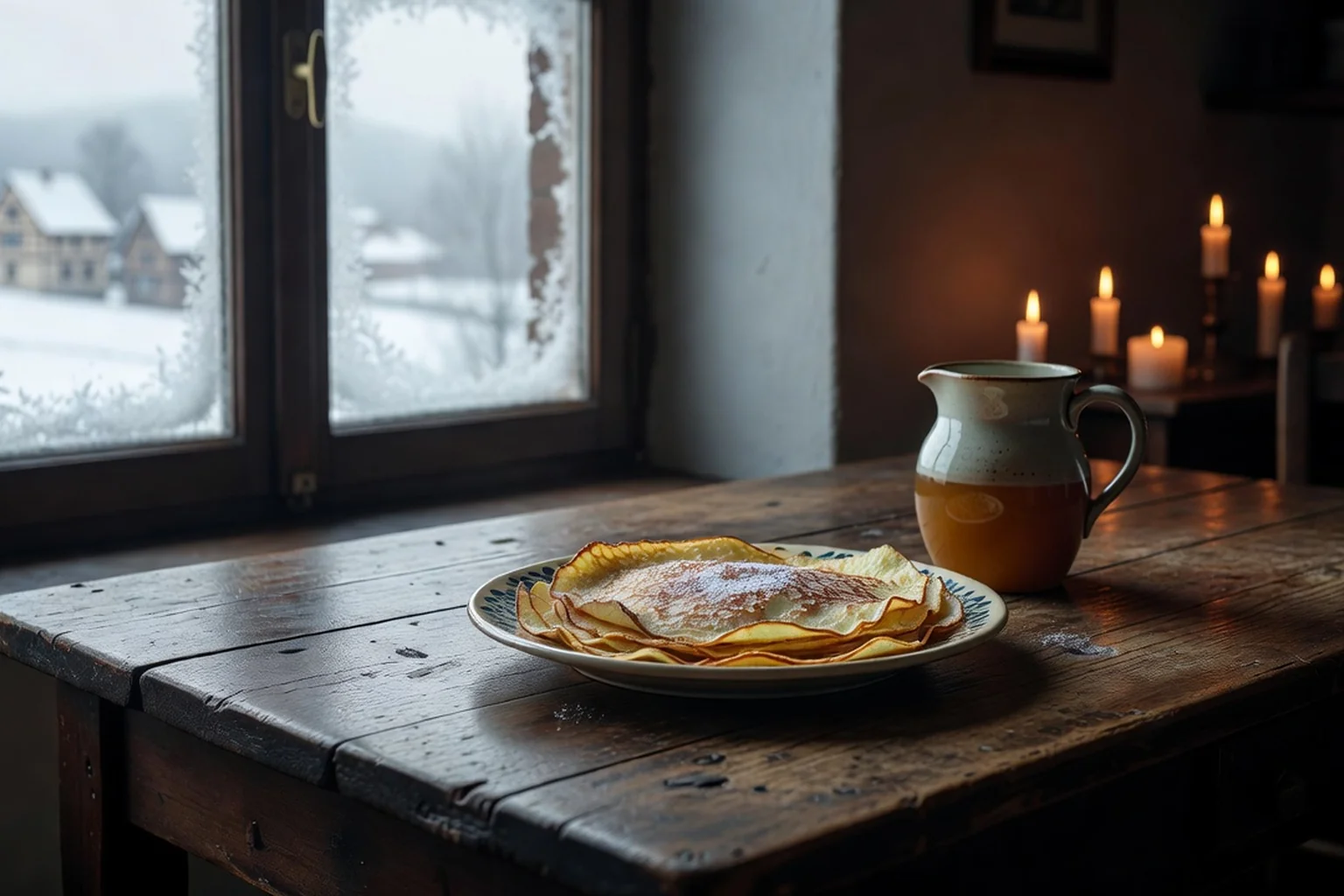 Crêpes dorées sur une table paysanne alsacienne près d'une fenêtre enneigée, cierges allumés en arrière-plan