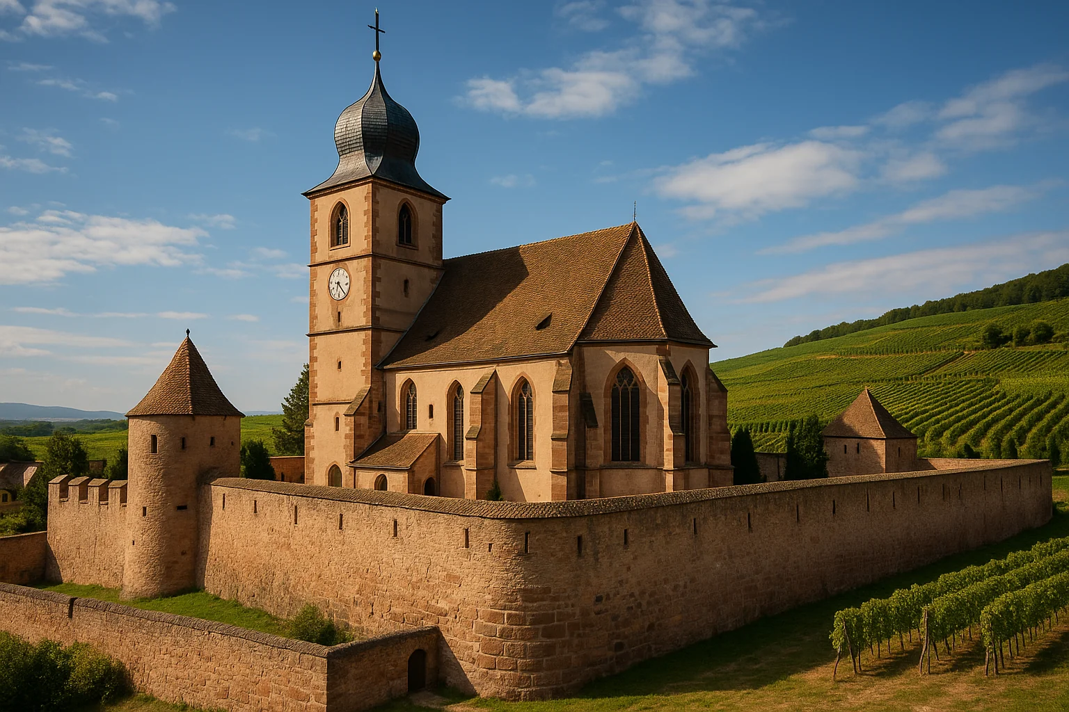 Vue panoramique d'une église fortifiée alsacienne avec son clocher à bulle et ses remparts de grès