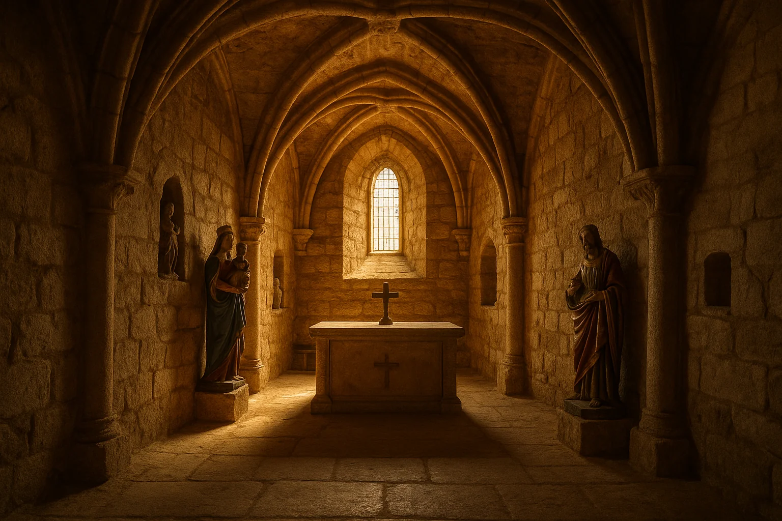 Intérieur d'une chapelle castrale avec voûtes d'ogives, autel et statues polychromes médiévales