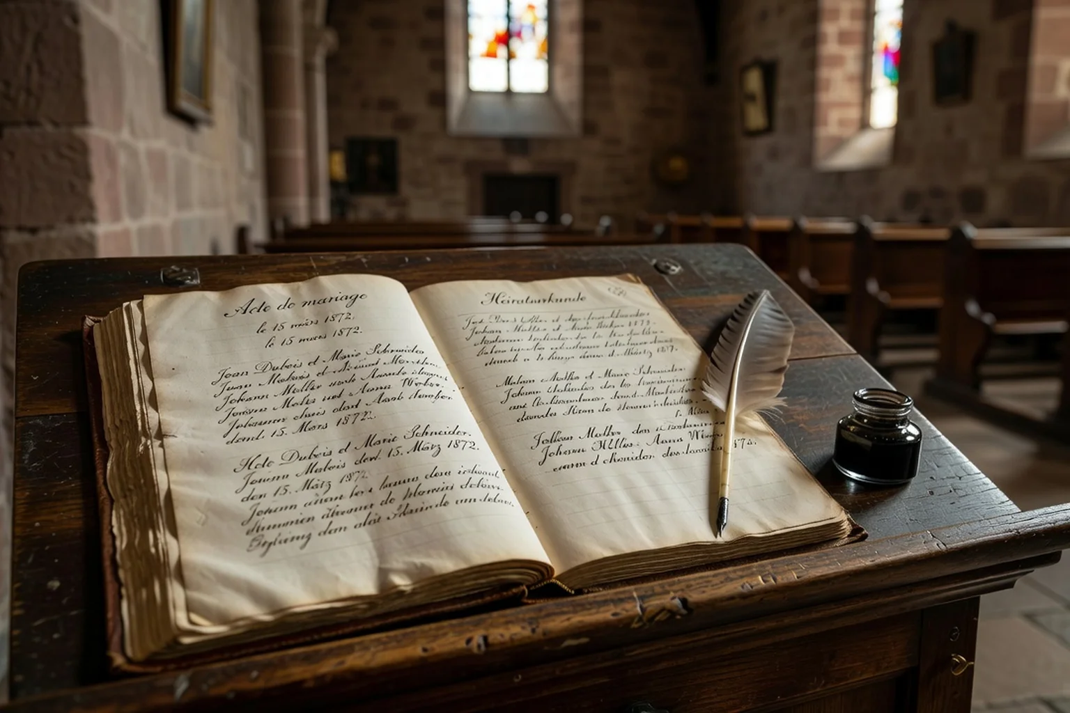 Registre paroissial ancien ouvert sur un acte de mariage manuscrit en français et en allemand, plume et encrier