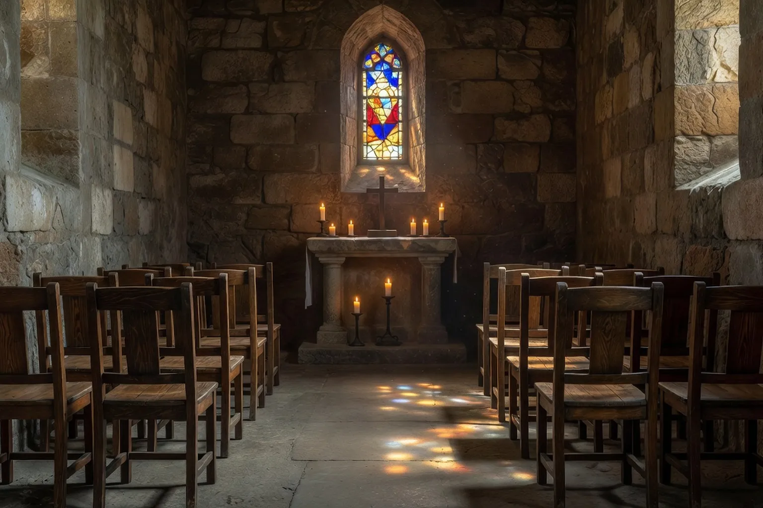 Religieuse en prière silencieuse dans la basilique du Mont Sainte-Odile au lever du jour