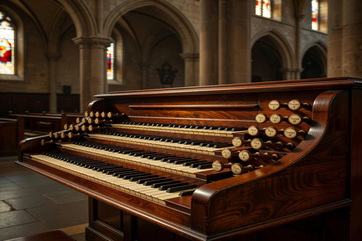Console d'orgue historique avec claviers et jeux de tuyaux dans une église alsacienne