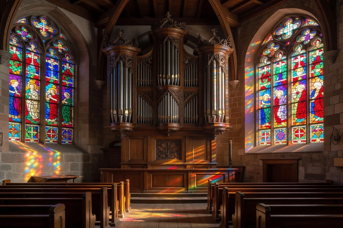 Chœur d'église alsacienne avec orgue de tribune et vitraux colorés