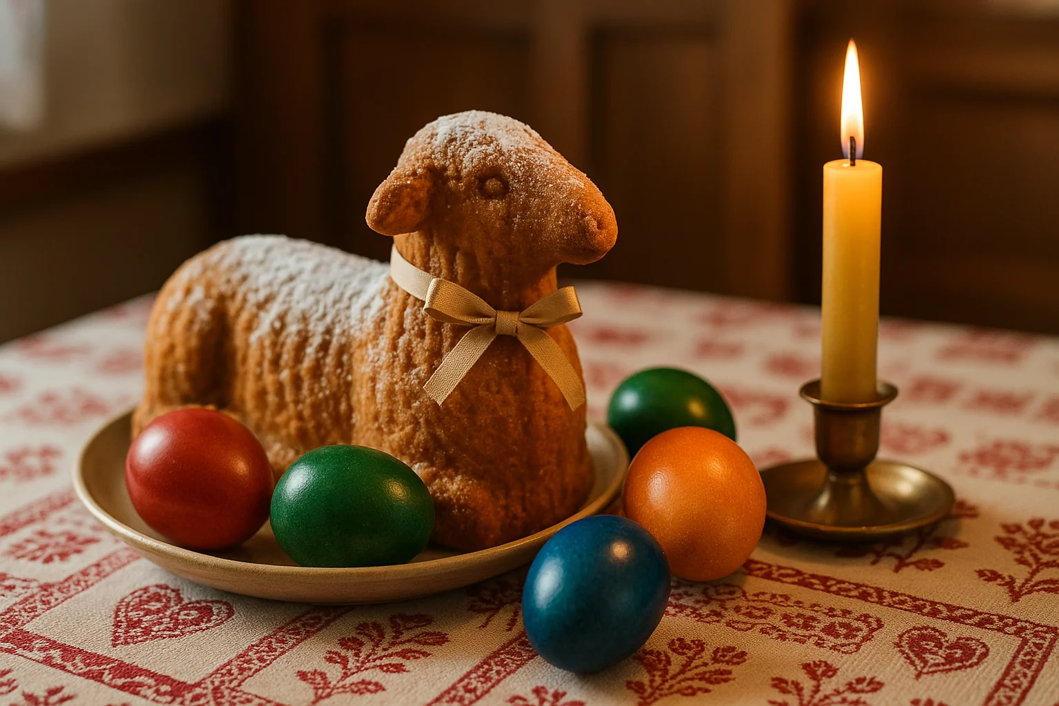 Lammala en pâte d'agneau pascal posé sur une nappe alsacienne avec œufs colorés et cierge allumé