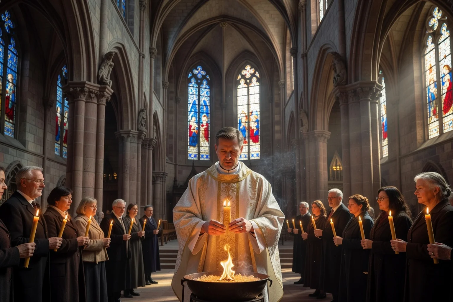 Prêtre bénissant les cierges au milieu des fidèles dans une église gothique alsacienne en grès rose