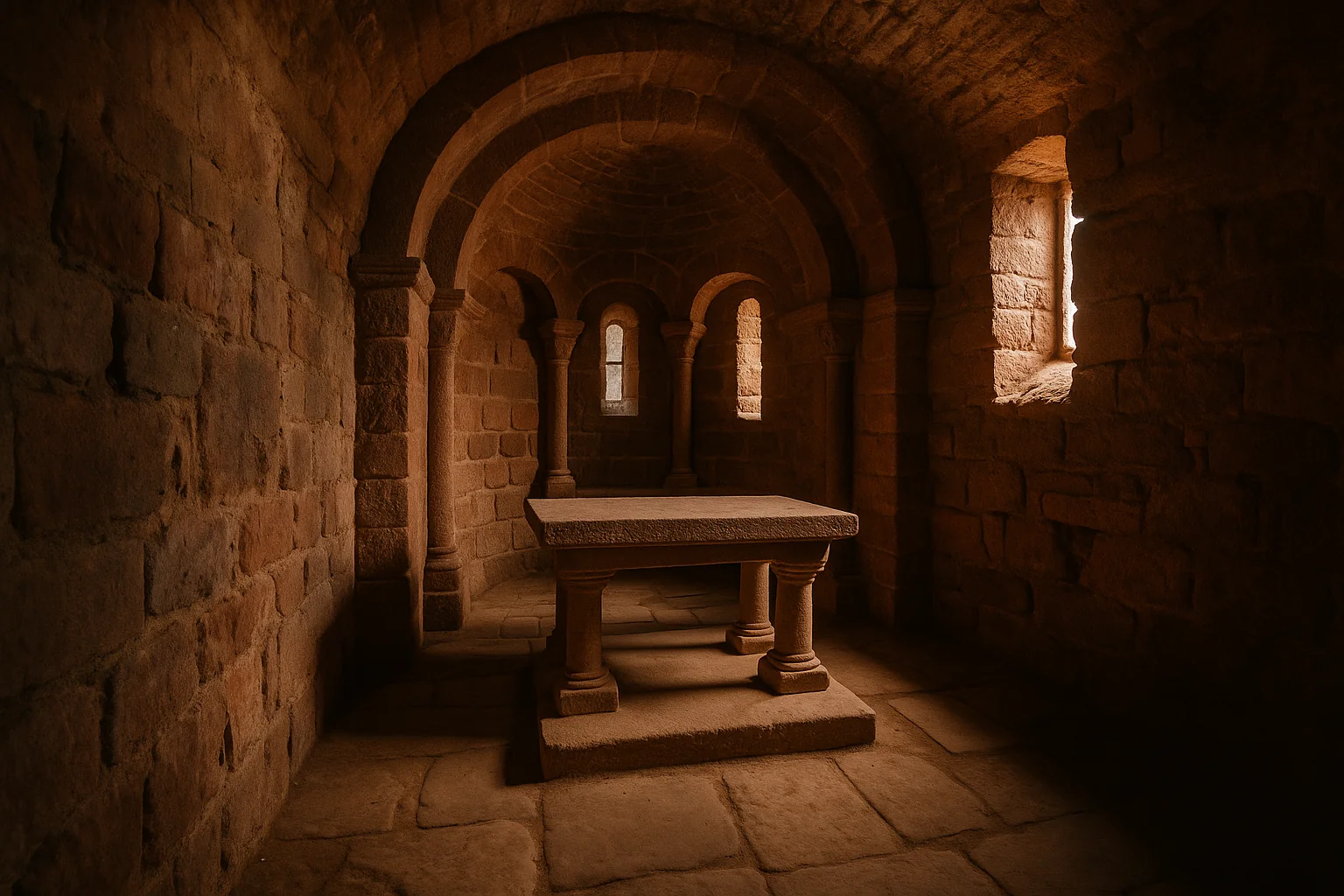 Chapelle castrale médiévale dans un château fort alsacien, pierre de grès et lumière tamisée par une meurtrière