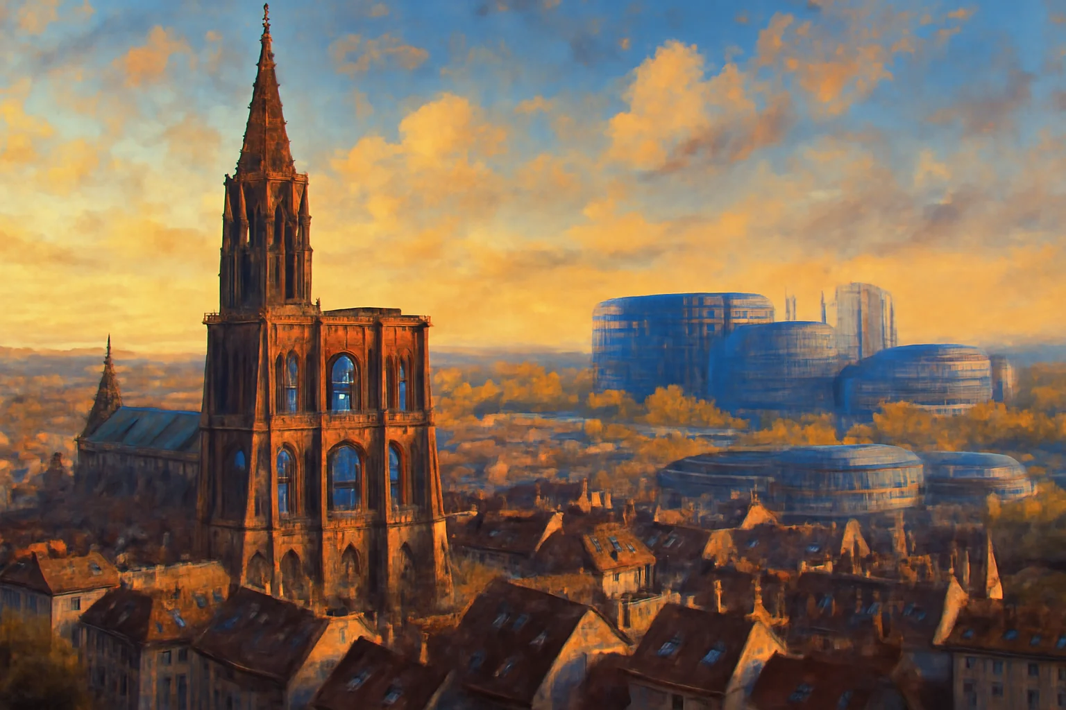 Vue de Strasbourg mêlant la cathédrale gothique et les institutions européennes modernes