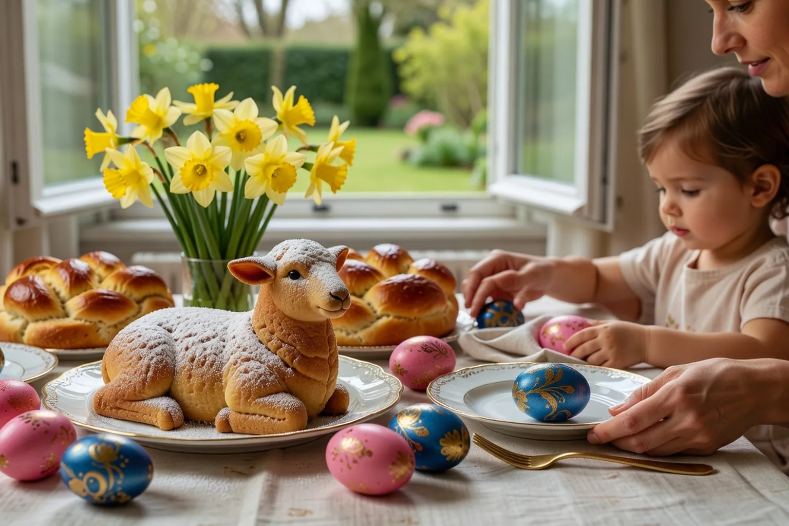 Table du matin de Pâques en Alsace avec lammele, œufs décorés, brioches et bouquet de jonquilles, une mère et un enfant la dressent