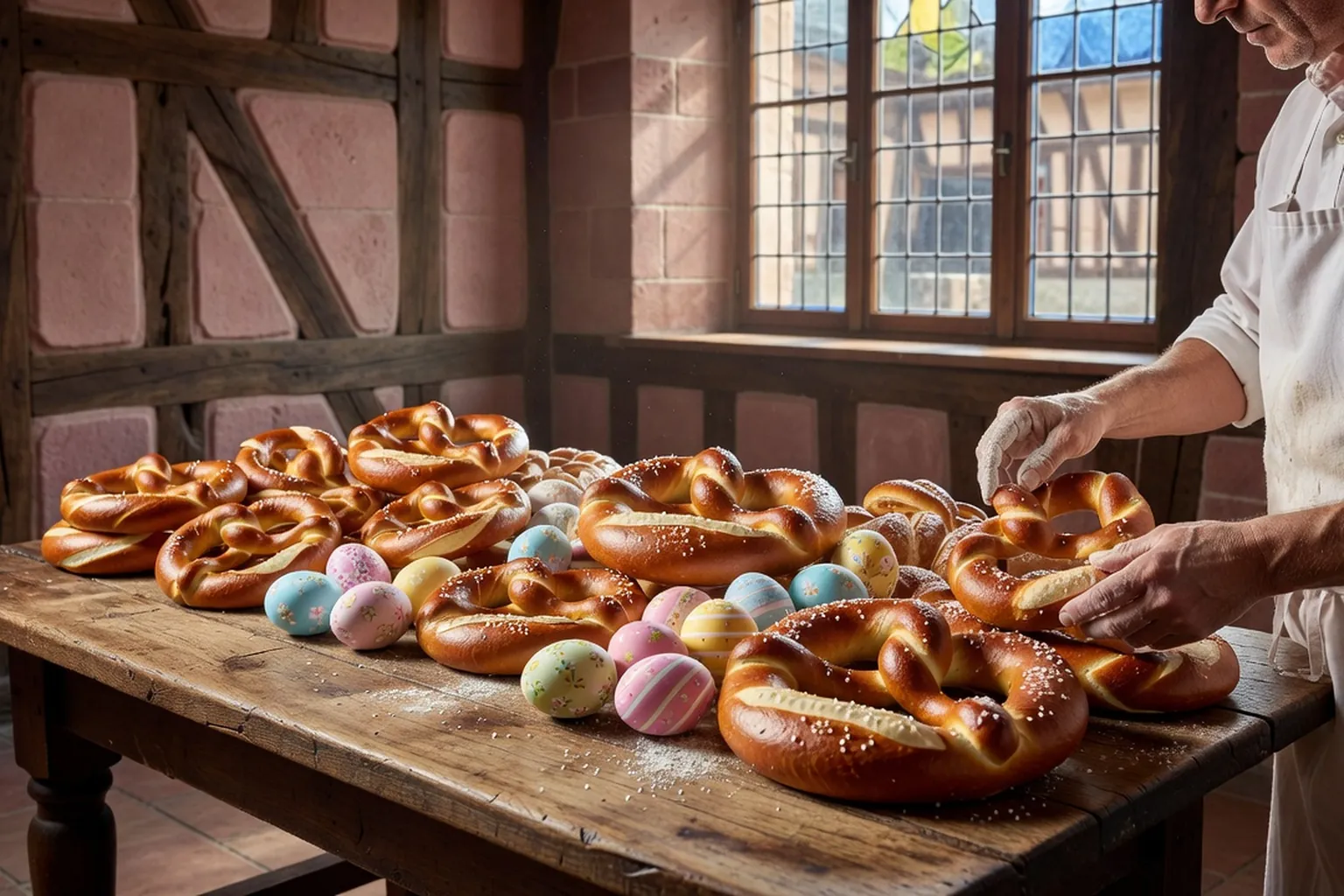 Bretzels alsaciens dorés et œufs de Pâques décorés sur une table de boulangerie en bois, un boulanger les dispose près d'une vitrine ensoleillée