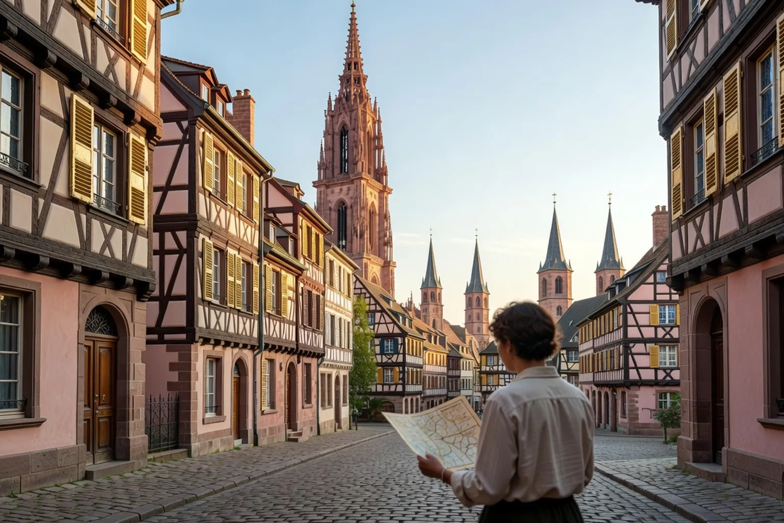 Rue pittoresque de Strasbourg avec maisons à colombages, flèche de la cathédrale en grès rose et clochers à l'horizon, un piéton consulte un plan