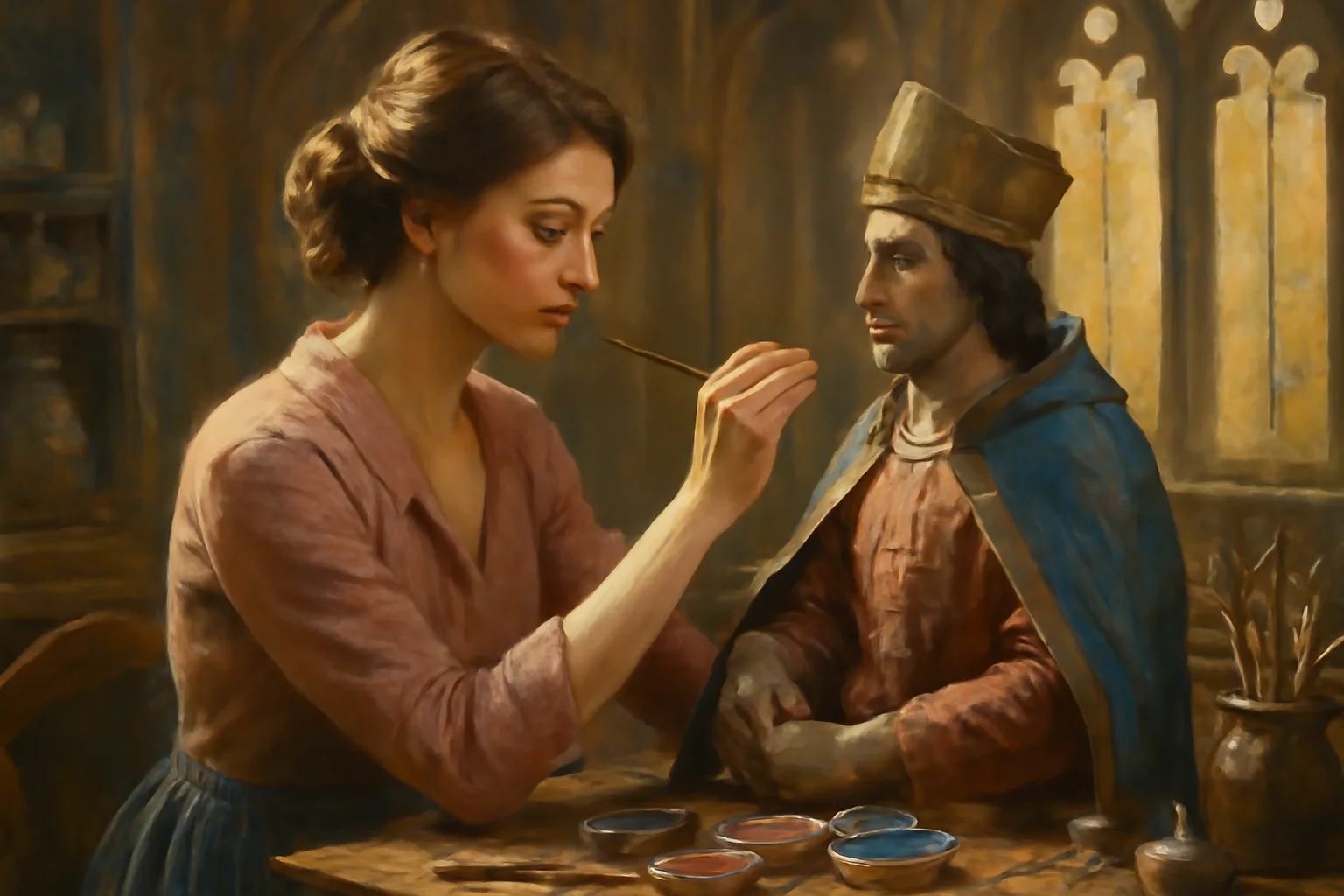 Restauratrice d'art sacré travaillant avec précision sur une statue de saint en bois polychrome