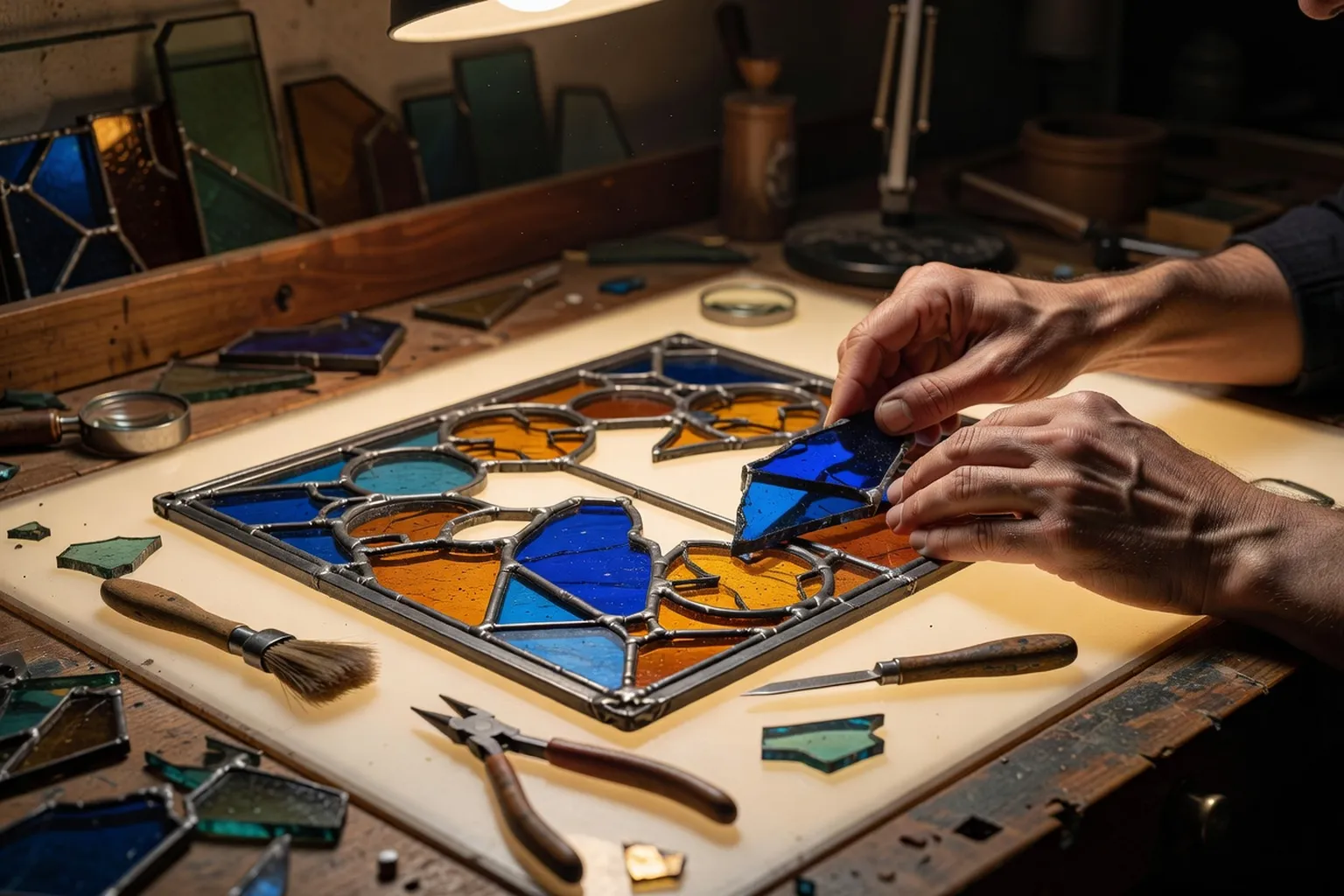 Restauratrice de vitraux examinant un panneau de verre ancien dans un atelier