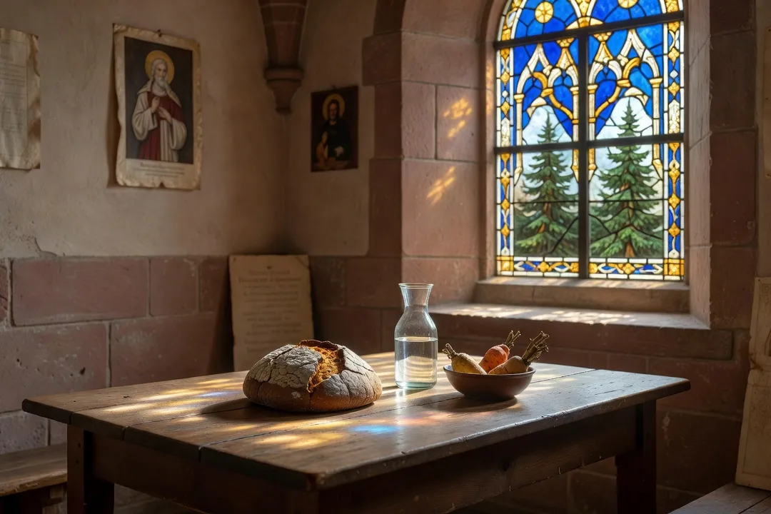 Table sobre avec pain, eau et bougie, symbole du jeûne catholique