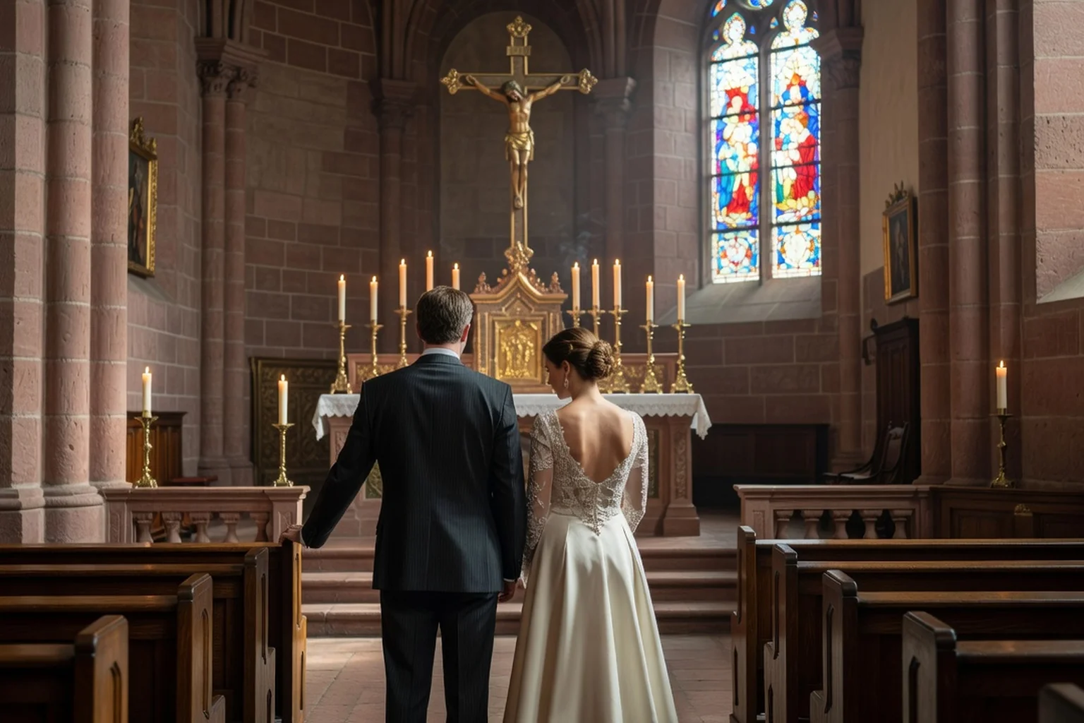 Couple de mariés debout devant l'autel d'une église alsacienne en grès rose, mains jointes