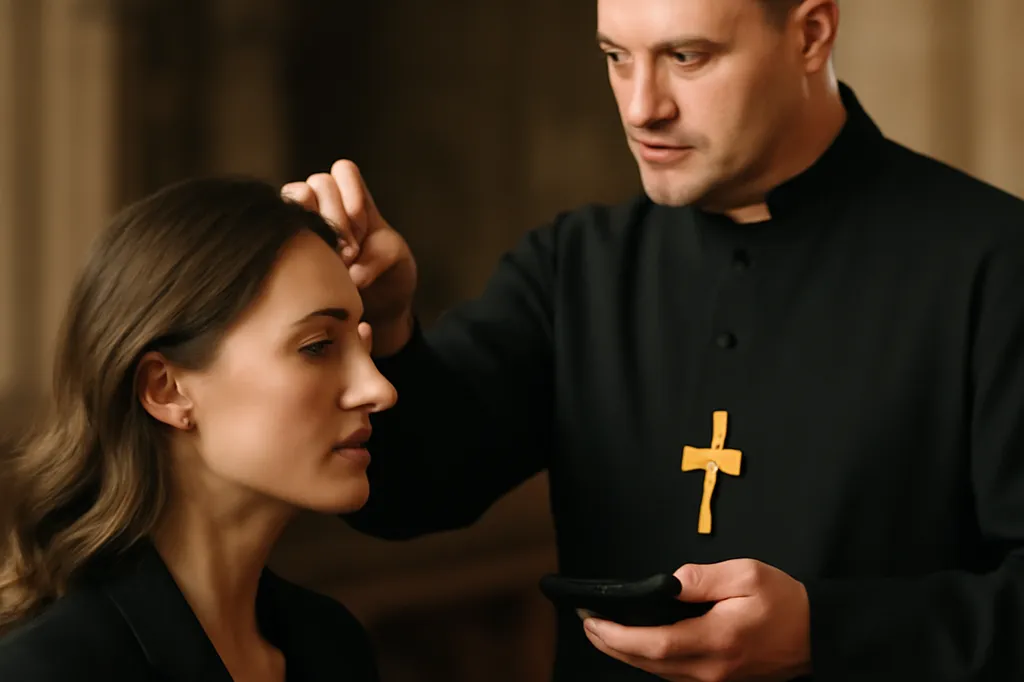 Main d’un prêtre imposant une croix de cendre sur le front d’une fidèle lors du Mercredi des Cendres