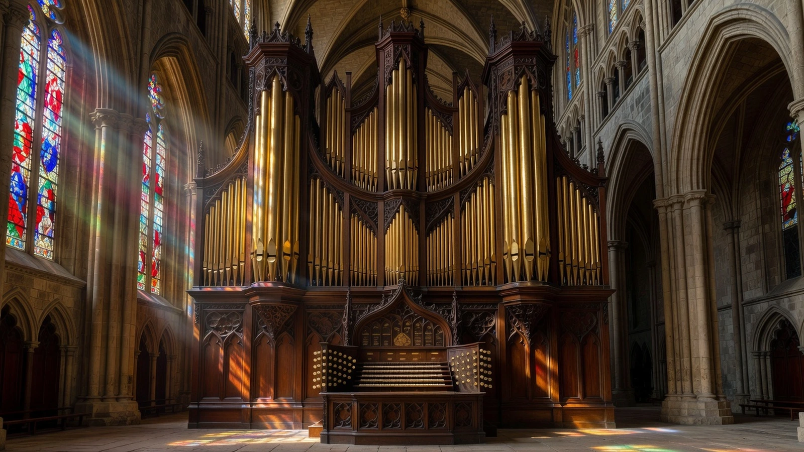 Grand orgue de cathédrale gothique avec tuyaux dorés et boiseries sculptées