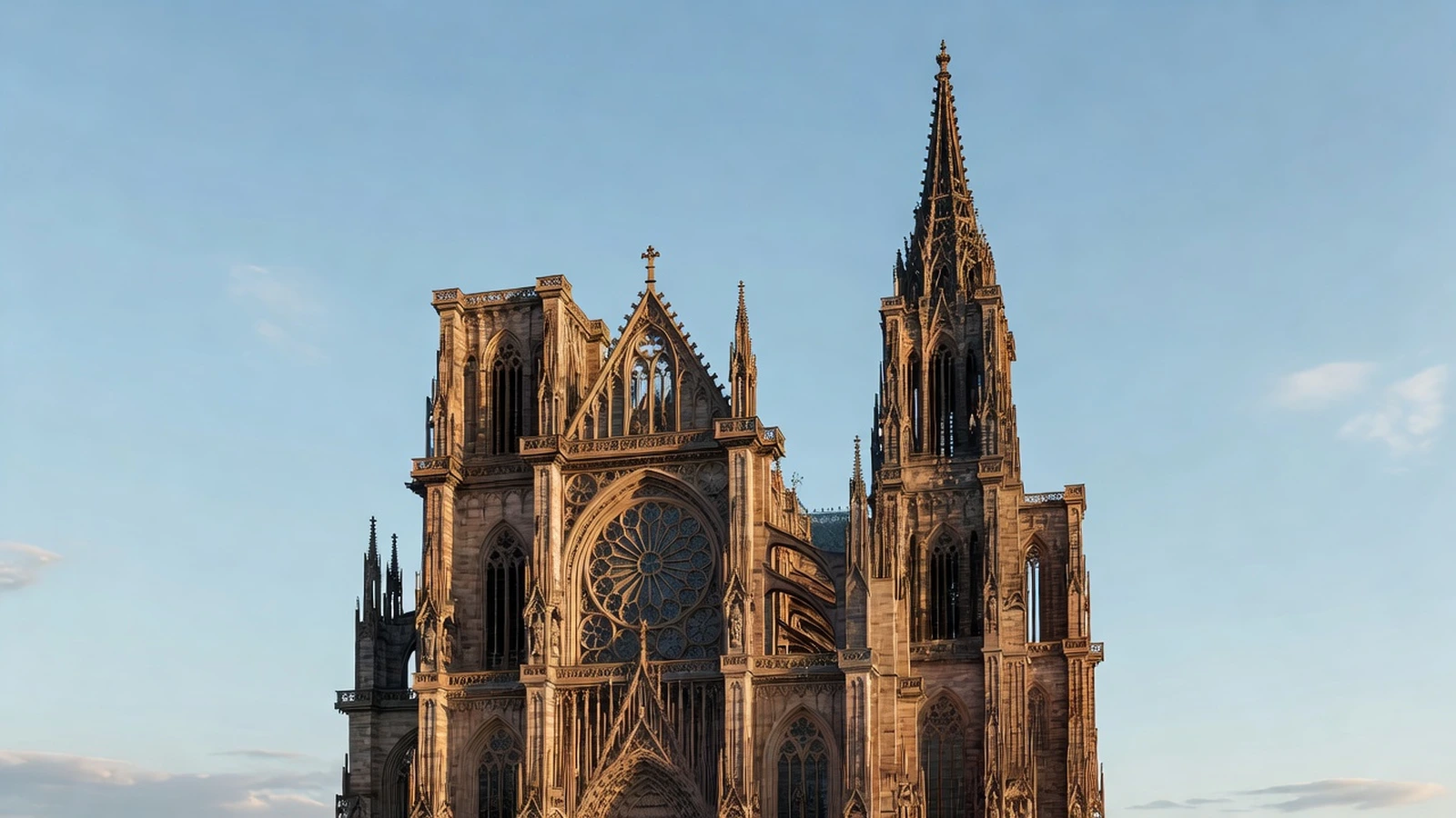 Façade gothique de la cathédrale de Strasbourg au coucher du soleil
