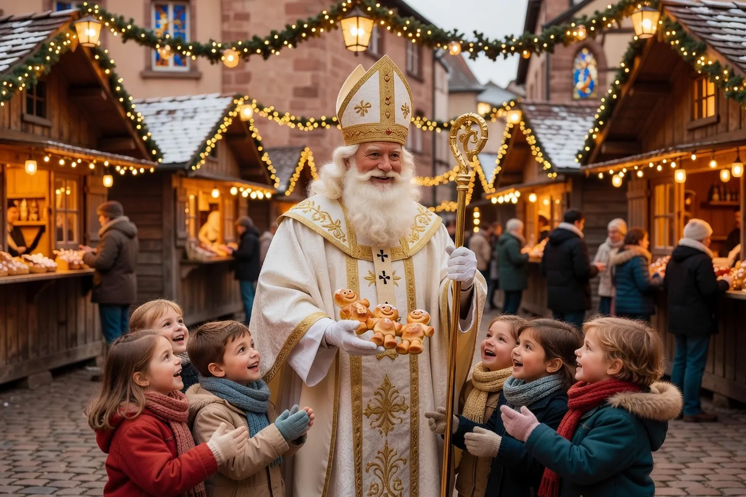 Saint-Nicolas en tenue d'évêque blanche et or distribuant des brioches mannele à des enfants sur un marché illuminé