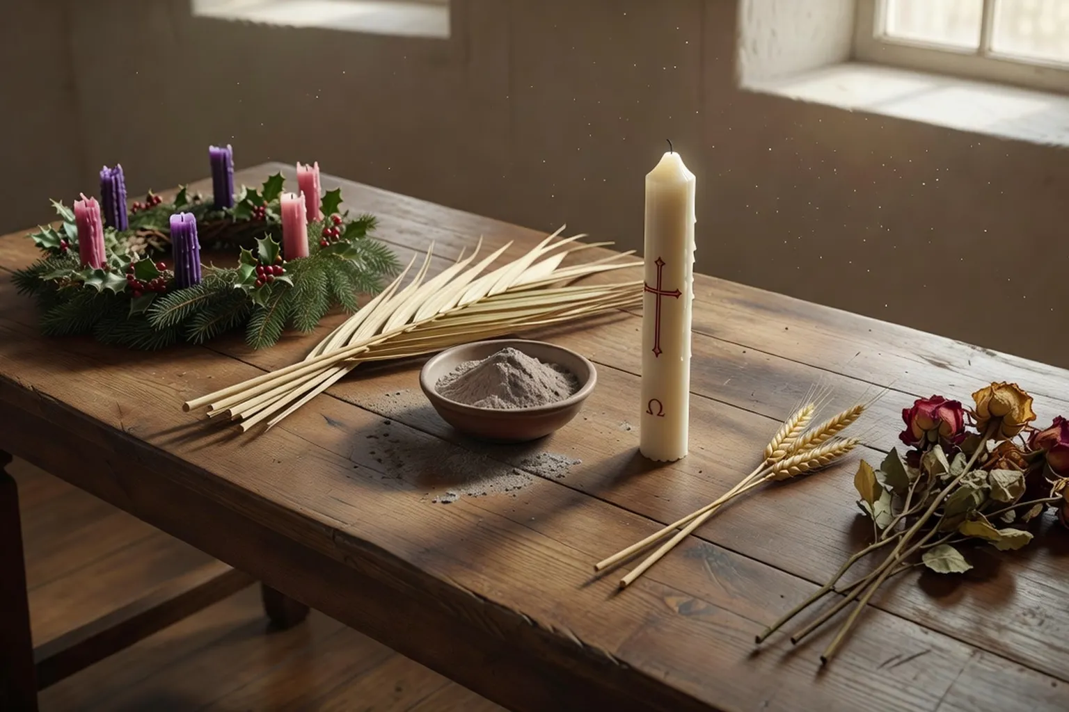 Couronne de l'Avent avec quatre bougies allumées et branches de sapin sur fond sombre