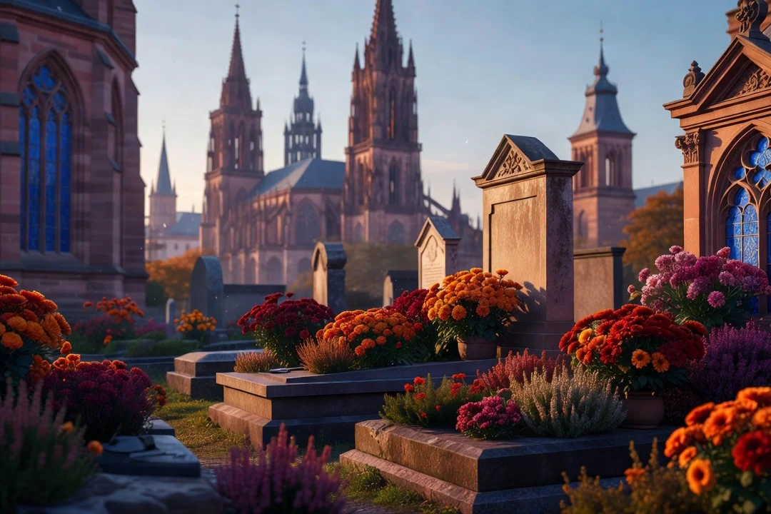 Cimetière alsacien fleuri de chrysanthèmes à la Toussaint, lumière d'automne