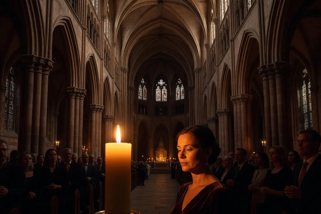 Cierge pascal allumé dans la nef sombre d'une cathédrale gothique lors de la Vigile pascale